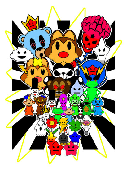 Colorful cartoon characters gathered in a playful group pose.