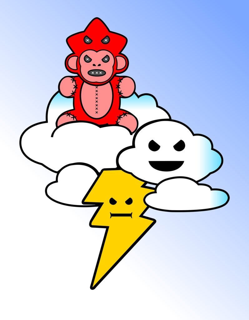 Cartoon thundercloud with happy face, lightning, and a red monkey on clouds.