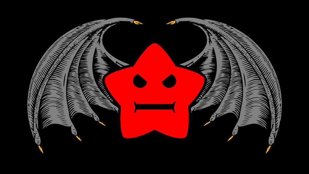 A red star with vampire fangs and dark wings on a black background.