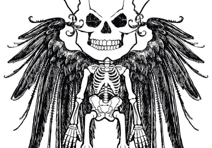 A skeletal figure with large black wings and a skull with horns.