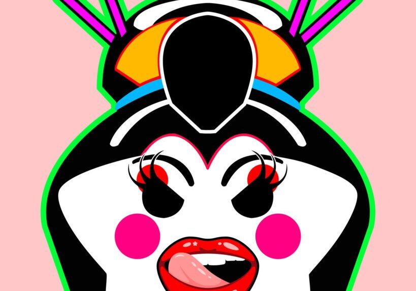 Colorful cartoon face with exaggerated makeup and antenna-like features.