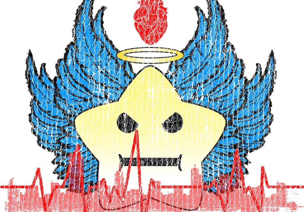 A yellow star with angel wings, a halo, and a red flame above, surrounded by a red heartbeat line.