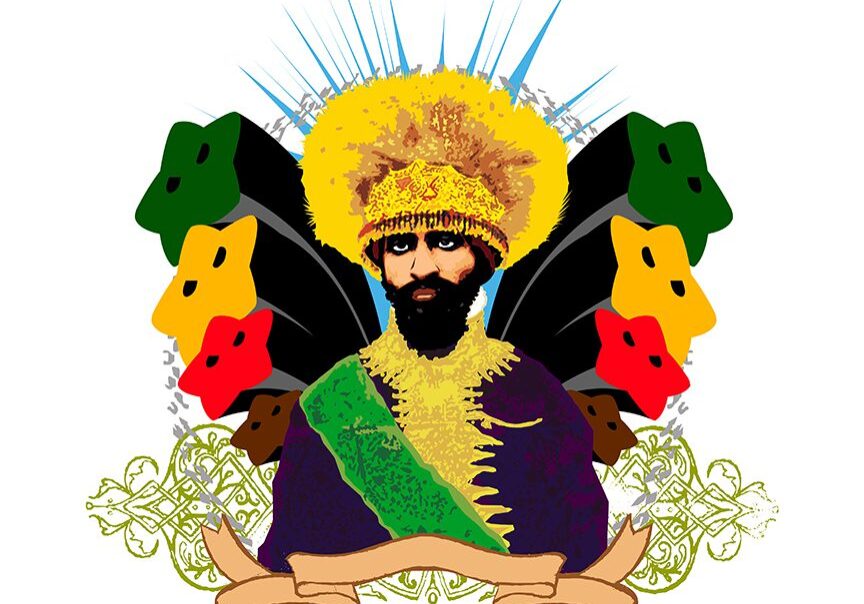 Colorful artistic portrait of a man with a crown and vibrant designs.