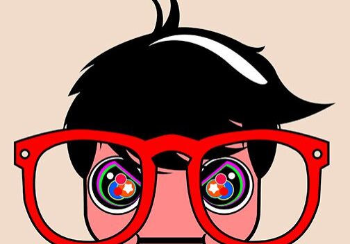 Cartoon face with colorful eyes and red glasses.