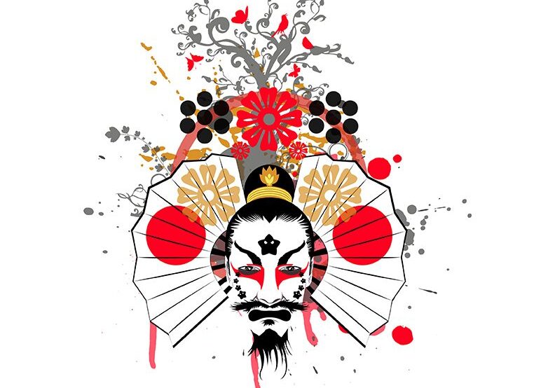 Artistic depiction of a traditional Chinese opera mask with elaborate floral and fan motifs.