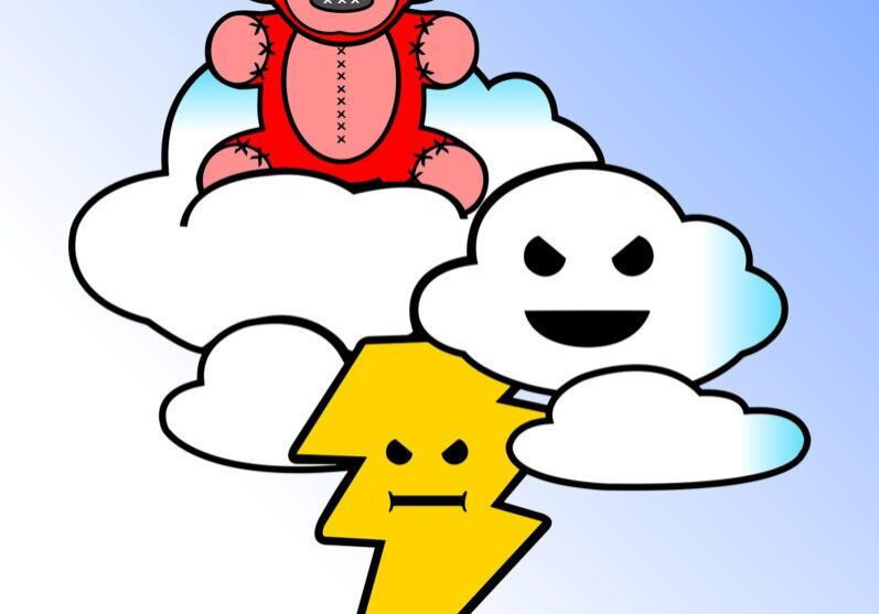 Cartoon thundercloud with happy face, lightning, and a red monkey on clouds.