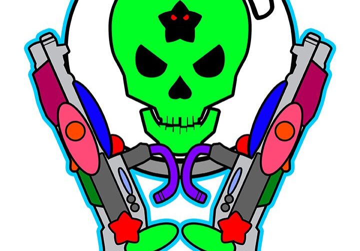 Colorful cartoon skeleton with green skull and dual guns.