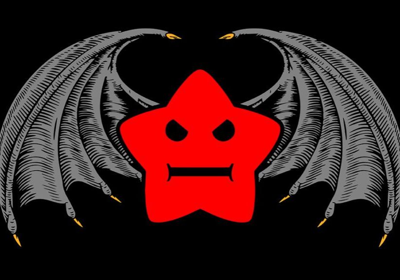 A red star with vampire fangs and dark wings on a black background.