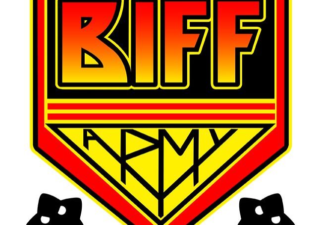 Logo of BIFF Army with two ninja stars.
